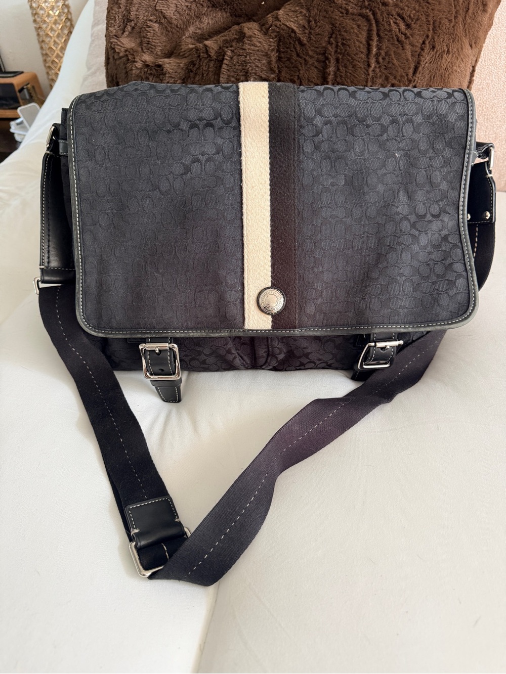 Coach Black Messenger Bag with Cream Center Stripe